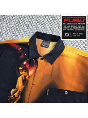 Vintage FUBU Mens XXL Astronaut Space Graphic Button Up Shirt Y2K Hip Hop
